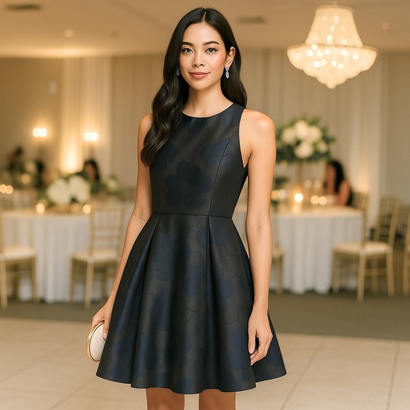 Halston Heritage Navy Floral Jacquard Fit & Flare Pleated Mini Dress Size 4 - Picture 1 of 16
